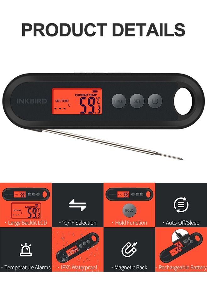 INKBIRD Digital Food Thermometer IHT-2XP Supports External Probes Instant Read Meat Thermometer Grilling Large Backlit LCD Auto Sleep Temperature Alarms Calibration Ideal For Cooking Frying