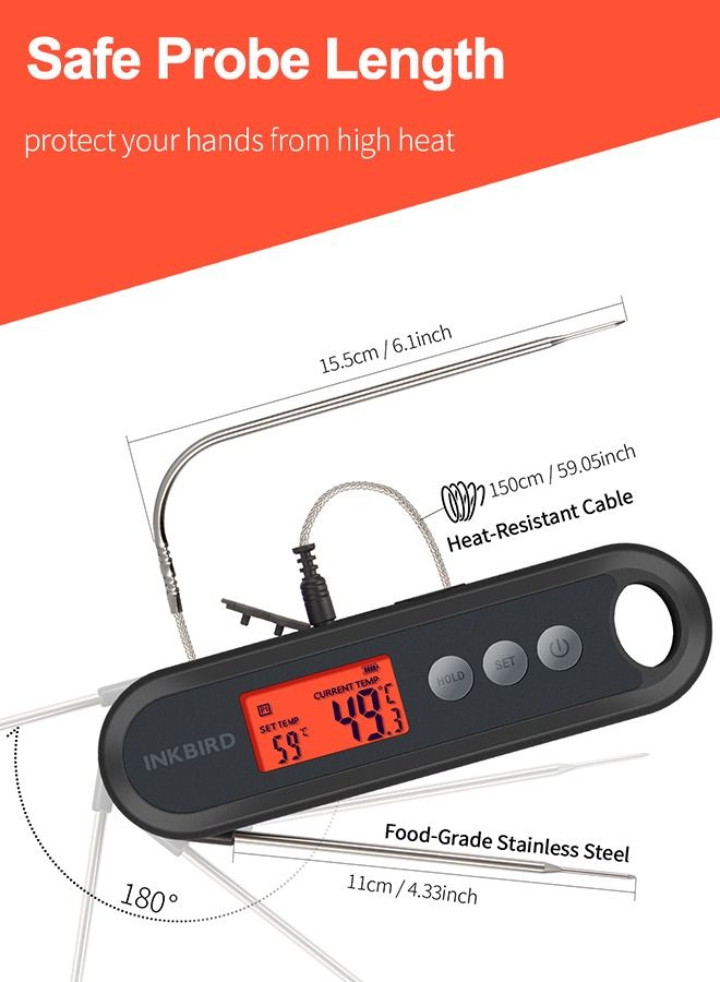 INKBIRD Digital Food Thermometer IHT-2XP Supports External Probes Instant Read Meat Thermometer Grilling Large Backlit LCD Auto Sleep Temperature Alarms Calibration Ideal For Cooking Frying