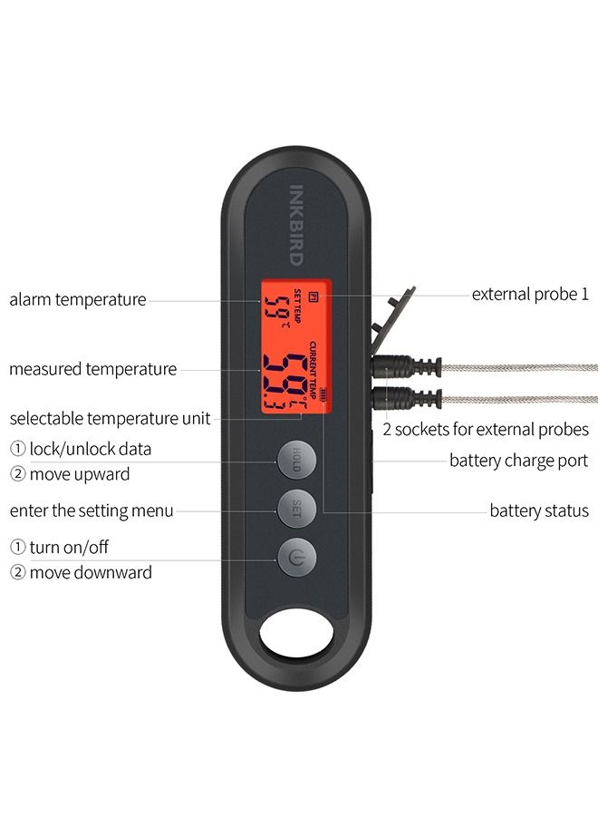 INKBIRD Digital Food Thermometer IHT-2XP Supports External Probes Instant Read Meat Thermometer Grilling Large Backlit LCD Auto Sleep Temperature Alarms Calibration Ideal For Cooking Frying