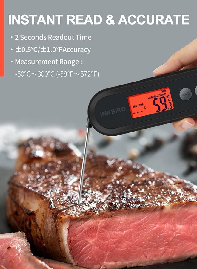 INKBIRD Digital Food Thermometer IHT-2XP Supports External Probes Instant Read Meat Thermometer Grilling Large Backlit LCD Auto Sleep Temperature Alarms Calibration Ideal For Cooking Frying