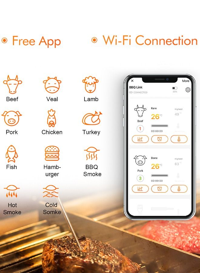 INKBIRD WiFi Grill Meat Thermometer IBBQ-4T with 4 Colored Probes Wireless Barbecue Meat Thermometer with Calibration Timer High and Low-Temperature Alarm for Oven Kitchen Cooking