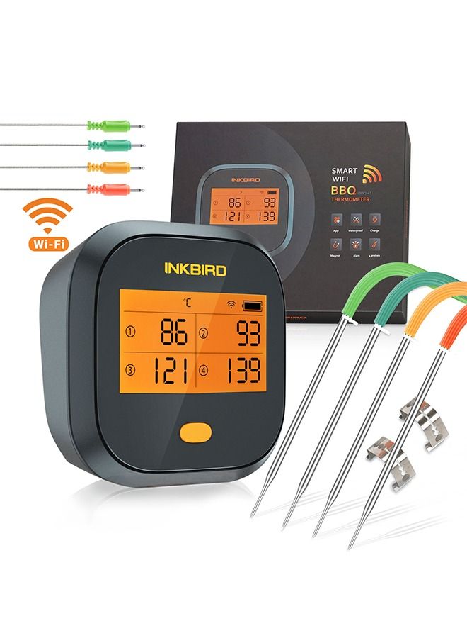 INKBIRD WiFi Grill Meat Thermometer IBBQ-4T with 4 Colored Probes Wireless Barbecue Meat Thermometer with Calibration Timer High and Low-Temperature Alarm for Oven Kitchen Cooking