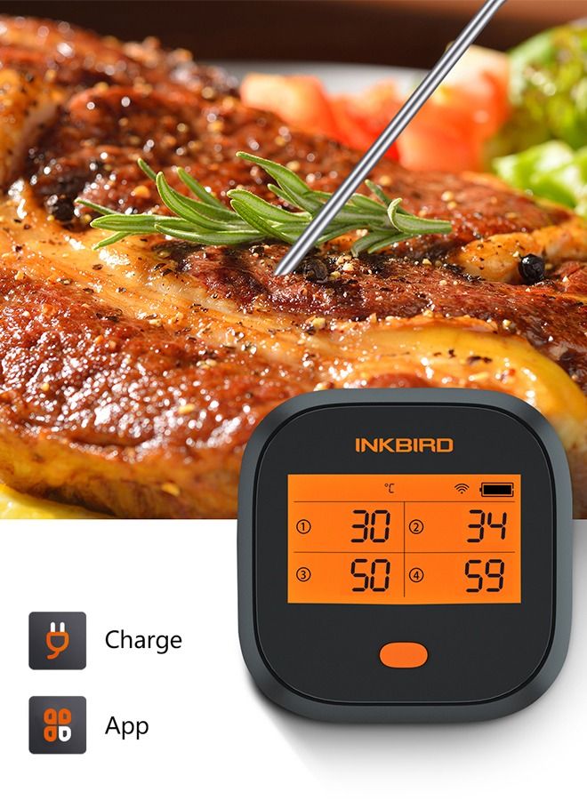 INKBIRD WiFi Grill Meat Thermometer IBBQ-4T with 4 Colored Probes Wireless Barbecue Meat Thermometer with Calibration Timer High and Low-Temperature Alarm for Oven Kitchen Cooking