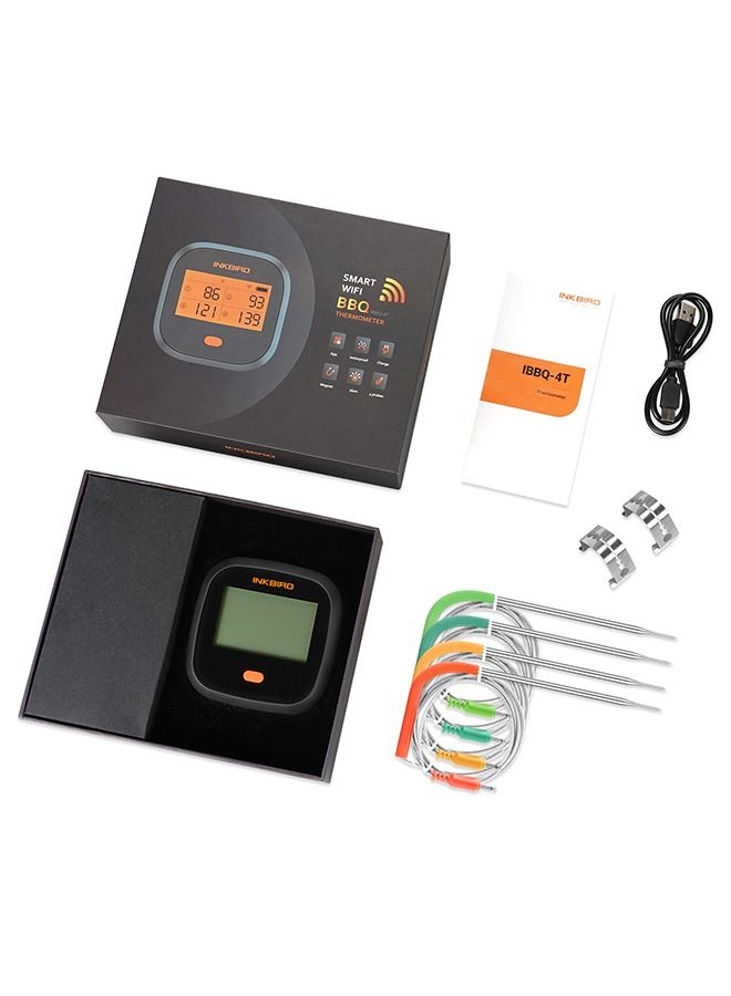 INKBIRD WiFi Grill Meat Thermometer IBBQ-4T with 4 Colored Probes Wireless Barbecue Meat Thermometer with Calibration Timer High and Low-Temperature Alarm for Oven Kitchen Cooking