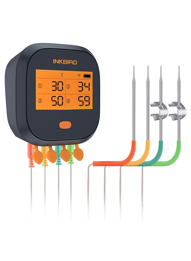 INKBIRD WiFi Grill Meat Thermometer IBBQ-4T with 4 Colored Probes Wireless Barbecue Meat Thermometer with Calibration Timer High and Low-Temperature Alarm for Oven Kitchen Cooking