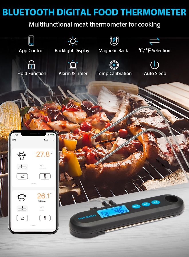 INKBIRD Bluetooth Digital Meat Thermometer IHT-2PB With External Probes Backlight Display 2 Sec Instant Readout Temperature Alarms And Timers Rechargeable Food Thermometer For Grilling BBQ Cooking