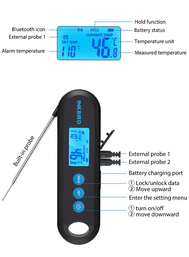 INKBIRD Bluetooth Digital Meat Thermometer IHT-2PB With External Probes Backlight Display 2 Sec Instant Readout Temperature Alarms And Timers Rechargeable Food Thermometer For Grilling BBQ Cooking