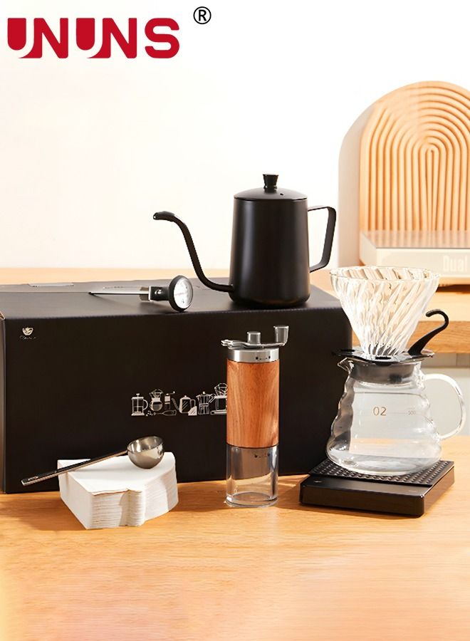 Pour Over Coffee Maker Set Includes 600ml Coffee Kettle, Manual Coffee Grinder, Coffee Scale，Coffee Dripper & Glass Server with 100 Pcs Paper Filter for Pour Over Coffee