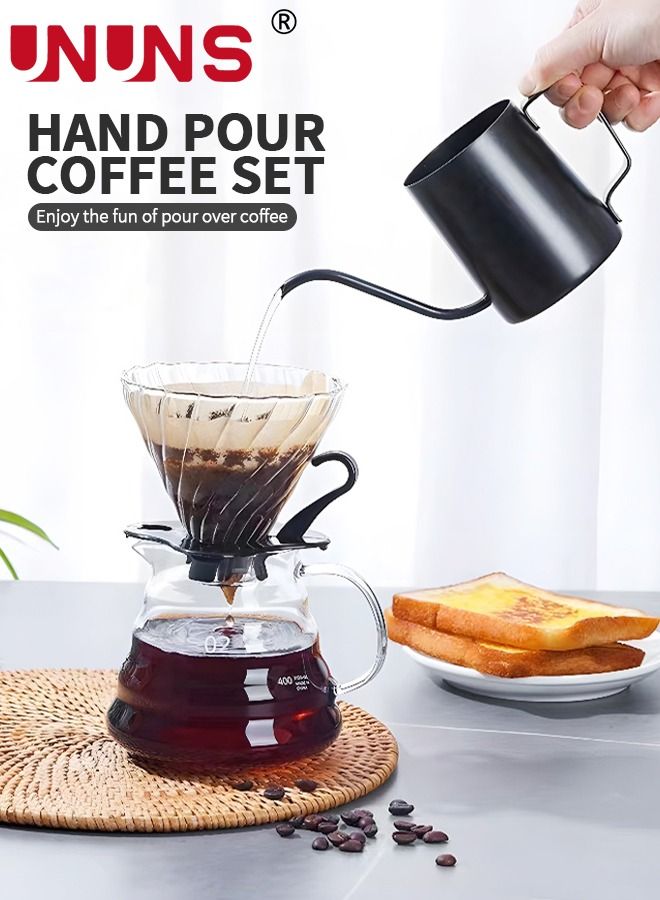 Pour Over Coffee Maker Set Includes 600ml Coffee Kettle, Manual Coffee Grinder, Coffee Scale，Coffee Dripper & Glass Server with 100 Pcs Paper Filter for Pour Over Coffee