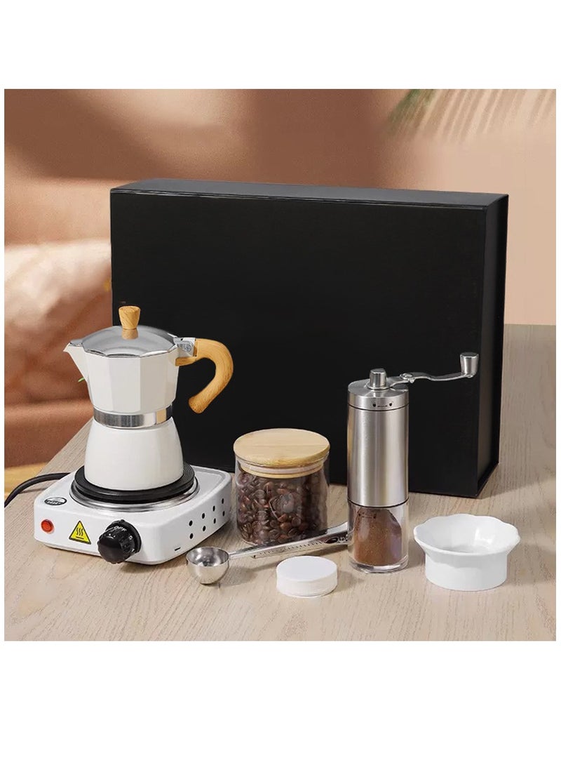 Pour Over Coffee Maker Set Includes 150ml Kettle, Manual Coffee Grinder, Coffee Dripper and Glass Server Filter for Pour Over Coffee,Gift Set for Coffee Lovers and Camping Use