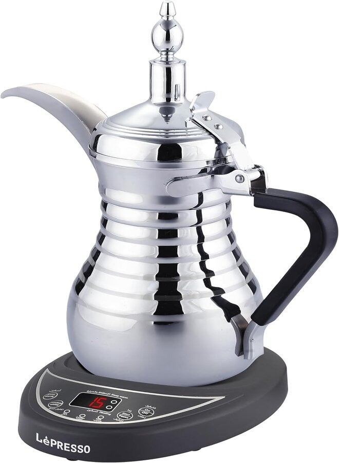 LePresso Arabic Coffee  Tea Dallah 304 Stainless Steel Pot Material Over Heat Protection 800W Rated Power  Automatic Kettle 750ml Capacity Keep Warm silver