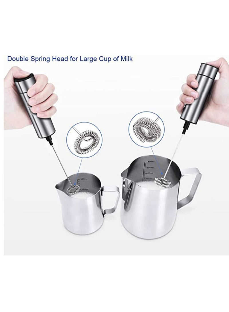 Milk Frother Handheld Coffee Frother Double Powerful Electric Foam Maker Beater with Additional Single Spring Whisk Head, Stainless Steel