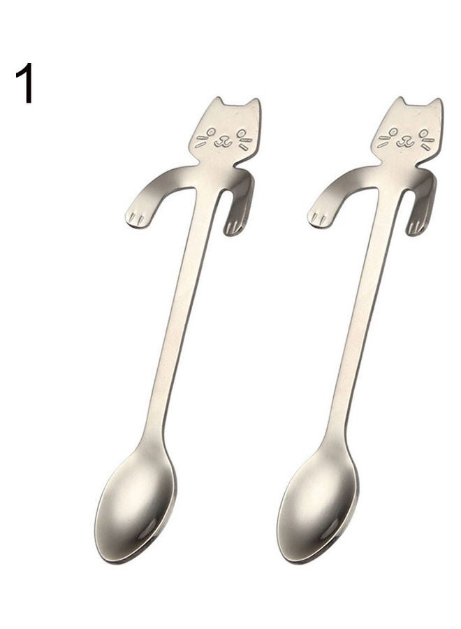 2-Piece Stainless Steel Spoon Cartoon Cat Silver