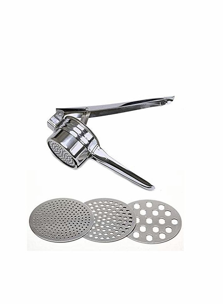 Stainless Steel Potato Ricer – Manual Masher for Potatoes, Fruits, Vegetables, Yams, Squash, Baby Food and More - 3 Interchangeable Discs for Fine, Medium, and Coarse, Easy To Use