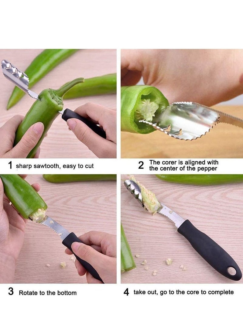 Pepper Corer, Stainless Steel Chili Corer Remover kitchen Tool with Serrated Slice and Rubber Handle Easily Seed or off Vegetables tops for Barbecue Roasting Peppers