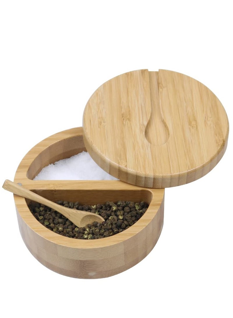 Bamboo Salt and Pepper Bowl Box Cellar Container, Built-in Spoon to Avoid Dust, Swivel Lid with Magnetic Cover to Keep Dry, Mini Spoon Built-in Top, Bath Sea Salt Seasoning Holder