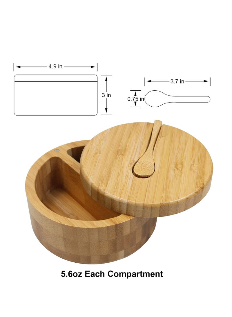 Bamboo Salt and Pepper Bowl Box Cellar Container, Built-in Spoon to Avoid Dust, Swivel Lid with Magnetic Cover to Keep Dry, Mini Spoon Built-in Top, Bath Sea Salt Seasoning Holder