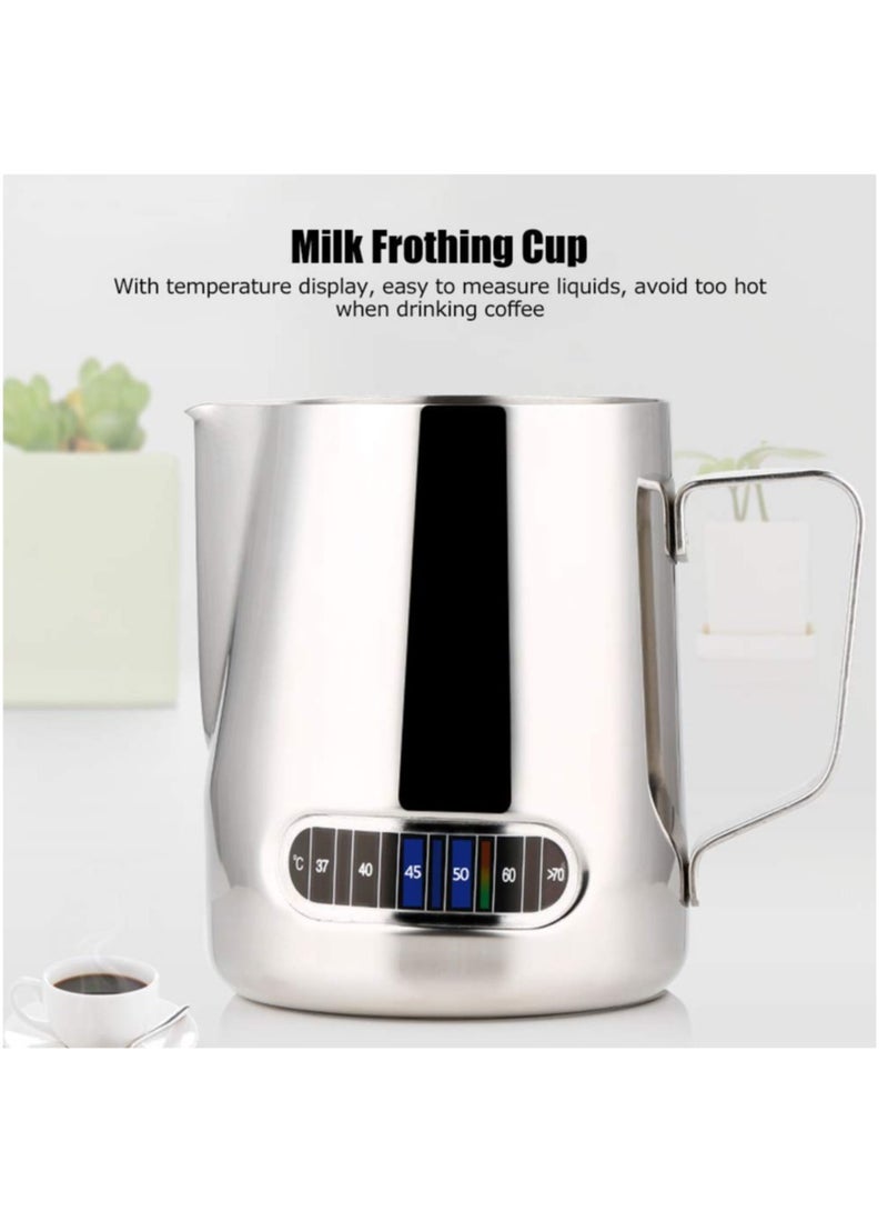 Stainless Steel Milk Frother Pitcher, 20oz Milk Frothing Pitcher with Thermometer, Stainless Steel Milk Jug Steaming Pitcher Milk Steamer Cup for Latte Art