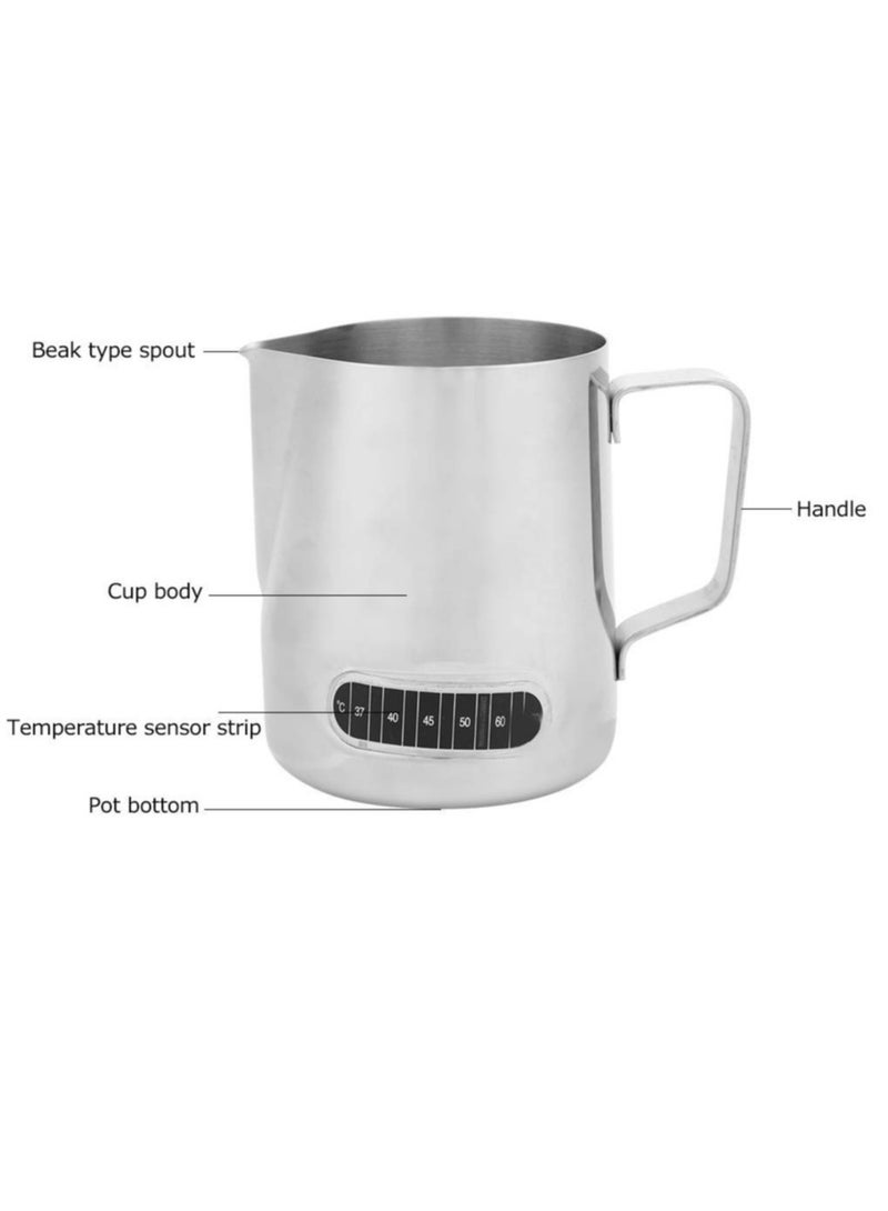 Stainless Steel Milk Frother Pitcher, 20oz Milk Frothing Pitcher with Thermometer, Stainless Steel Milk Jug Steaming Pitcher Milk Steamer Cup for Latte Art