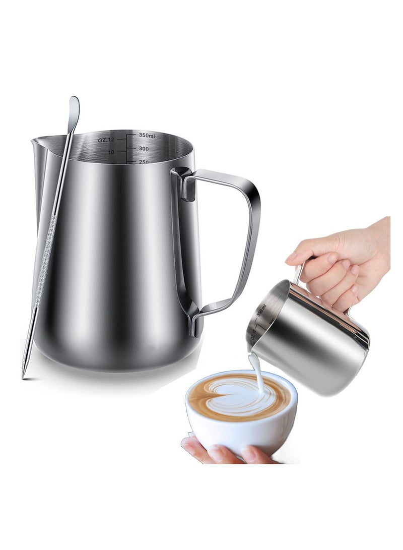 Coffee Milk Frothing Pitcher, Stainless Steel Milk Frothing Pitcher for Coffee and Latte Art - Sharp Mouthed Coffee Utensils With Scales and Latte Art Pen, for Espresso Enthusiasts(350ml/12oz)