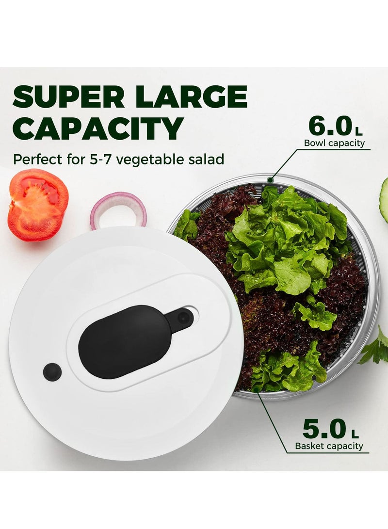 Salad Spinner Large 6L, Manual Lettuce Spinner for Vegetable Prepping, One-Handed Pump Fruit Spinner, Quick Drying Salad Leaves with Bowl and Colander