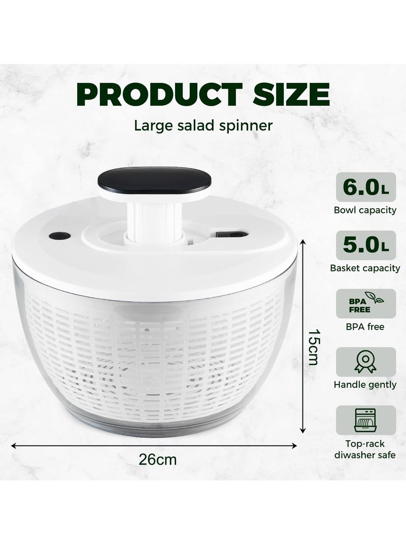 Salad Spinner Large 6L, Manual Lettuce Spinner for Vegetable Prepping, One-Handed Pump Fruit Spinner, Quick Drying Salad Leaves with Bowl and Colander