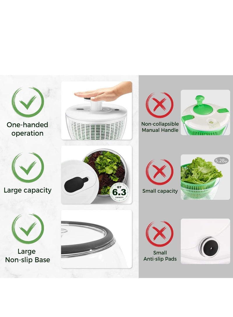 Salad Spinner Large 6L, Manual Lettuce Spinner for Vegetable Prepping, One-Handed Pump Fruit Spinner, Quick Drying Salad Leaves with Bowl and Colander