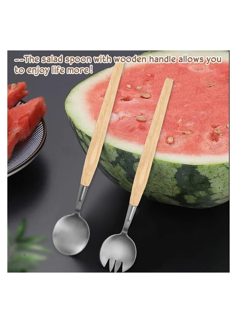 2 Pcs Salad Servers Set, Long Handle Mixing Dinner Fork and Spoon Tableware Cutlery Set Kitchen Utensil with Wooden for Fruits Parties Meals