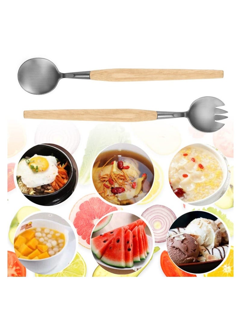 2 Pcs Salad Servers Set, Long Handle Mixing Dinner Fork and Spoon Tableware Cutlery Set Kitchen Utensil with Wooden for Fruits Parties Meals