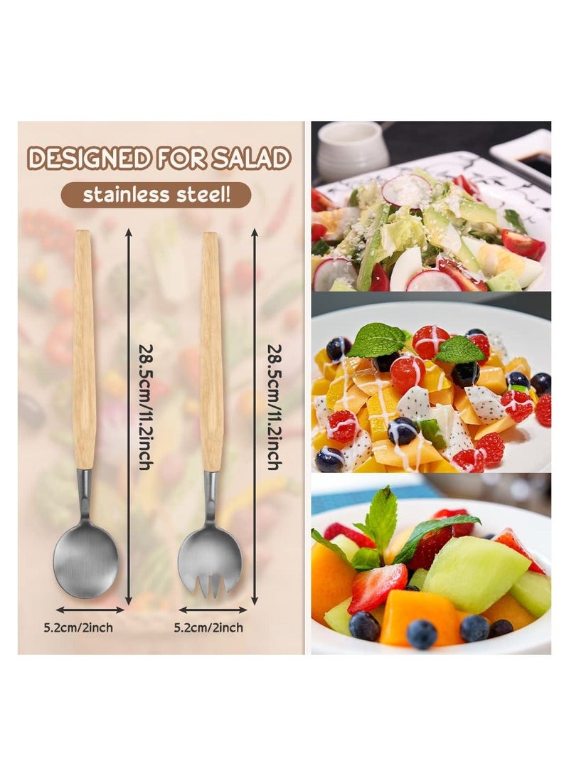 2 Pcs Salad Servers Set, Long Handle Mixing Dinner Fork and Spoon Tableware Cutlery Set Kitchen Utensil with Wooden for Fruits Parties Meals