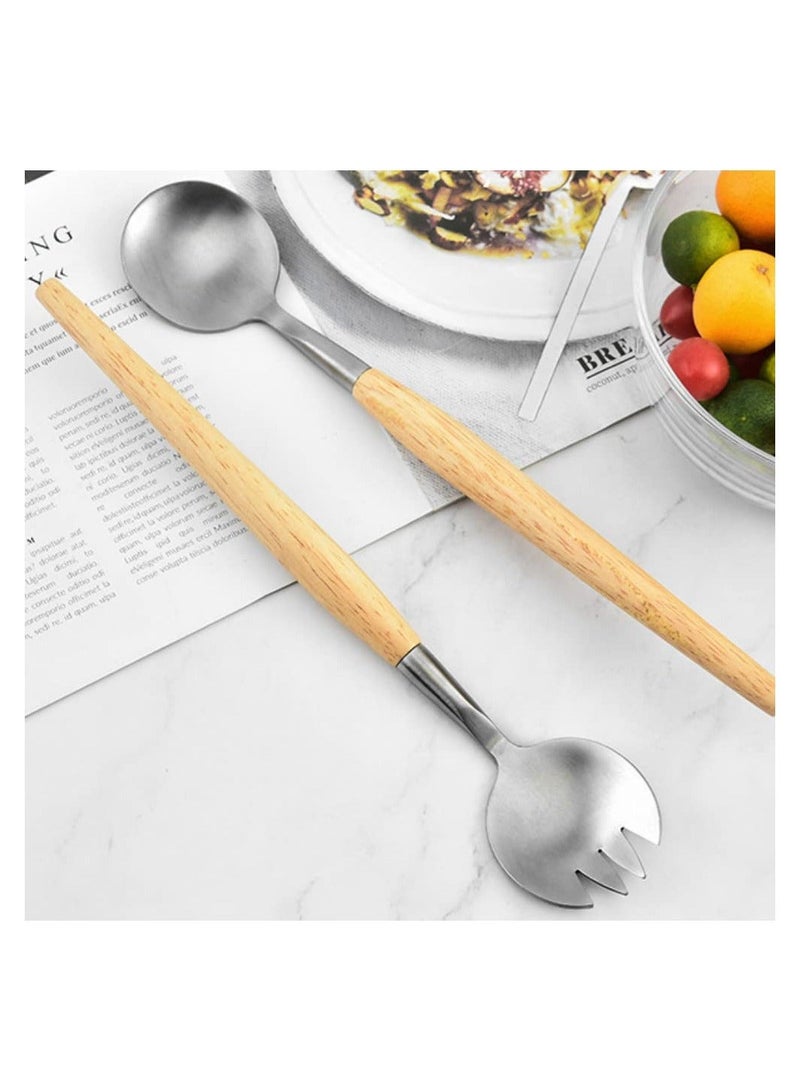 2 Pcs Salad Servers Set, Long Handle Mixing Dinner Fork and Spoon Tableware Cutlery Set Kitchen Utensil with Wooden for Fruits Parties Meals