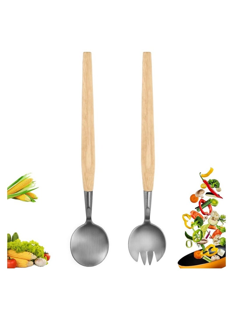 2 Pcs Salad Servers Set, Long Handle Mixing Dinner Fork and Spoon Tableware Cutlery Set Kitchen Utensil with Wooden for Fruits Parties Meals