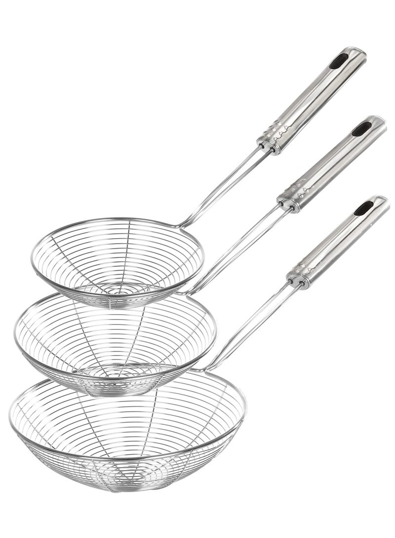 Stainless Steel Spider Strainer Skimmer Ladle, Set of 3 Sizes Kitchen Strainer for Cooking and Frying