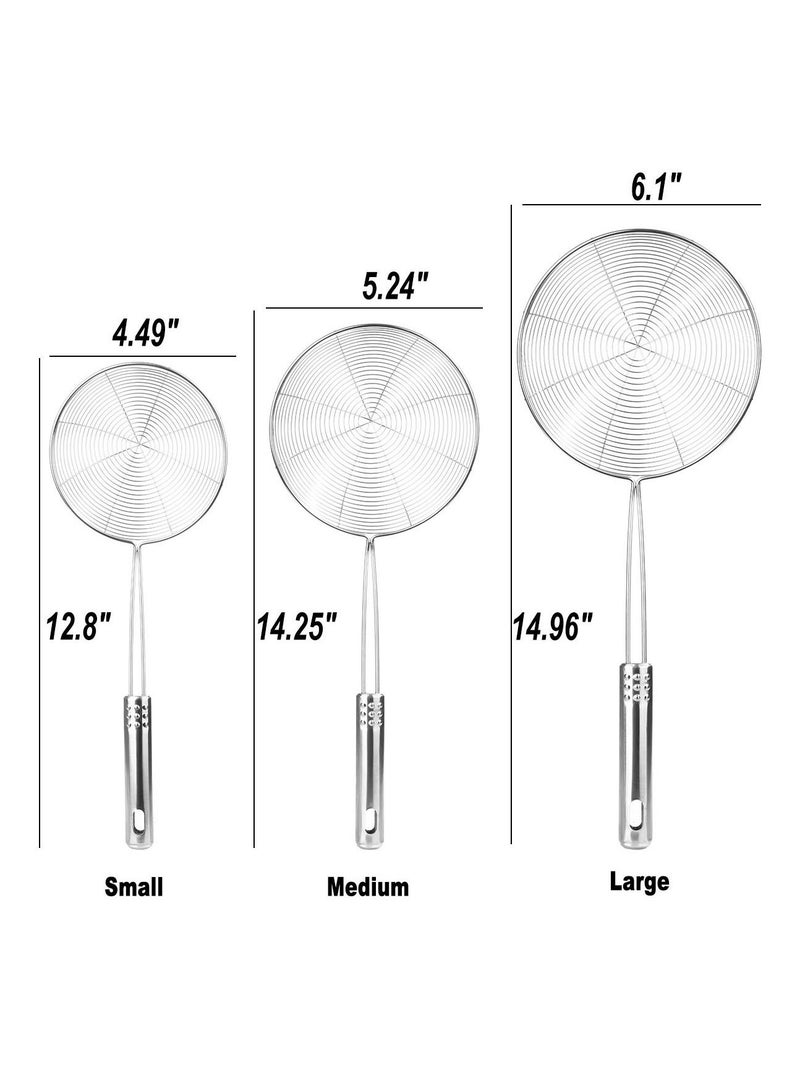 Stainless Steel Spider Strainer Skimmer Ladle, Set of 3 Sizes Kitchen Strainer for Cooking and Frying