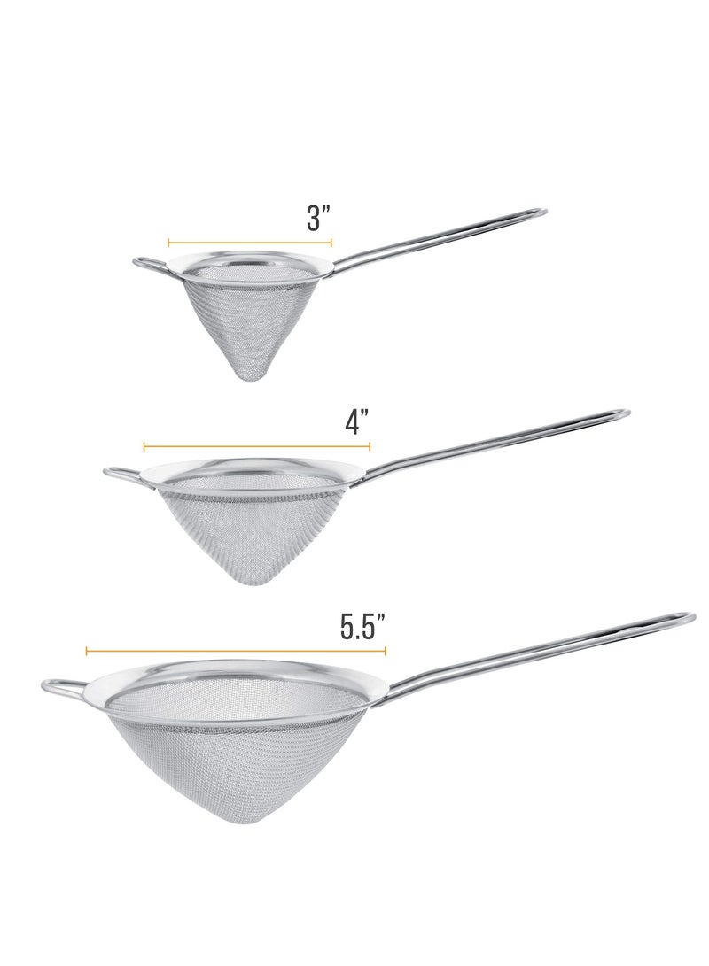 Stainless Steel Strainer Skimmer Ladle, Set of 3 Premium Quality Extra Fine Twill Mesh Conical Strainers to Sift, Strain, Drain and Rinse Vegetables, Pastas Teas