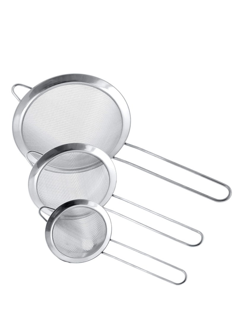 Stainless Steel Strainer Skimmer Ladle, Set of 3 Premium Quality Extra Fine Twill Mesh Conical Strainers to Sift, Strain, Drain and Rinse Vegetables, Pastas Teas