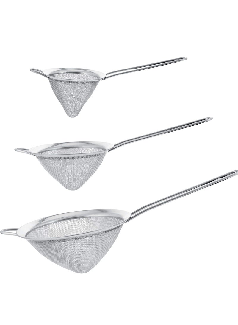 Stainless Steel Strainer Skimmer Ladle, Set of 3 Premium Quality Extra Fine Twill Mesh Conical Strainers to Sift, Strain, Drain and Rinse Vegetables, Pastas Teas