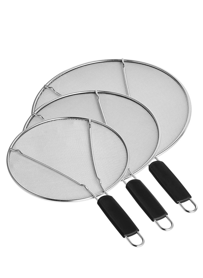 Grease Splatter Screen for Frying Pan, Guard with Silicone Handle, Stops 99% Hot Oil Splash, Stainless Steel Fine Mesh Shield Resting Feet and Keeps Kitchen Clean