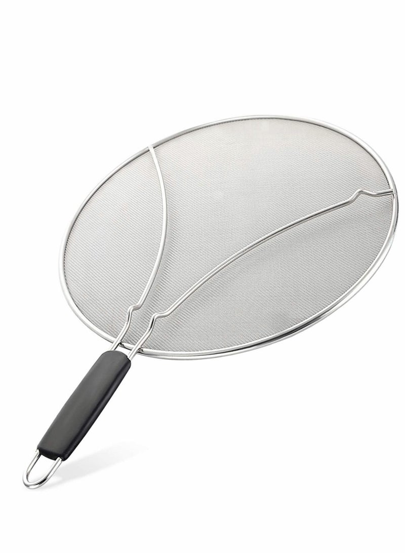 Grease Splatter Screen for Frying Pan, Guard with Silicone Handle, Stops 99% Hot Oil Splash, Stainless Steel Fine Mesh Shield Resting Feet and Keeps Kitchen Clean