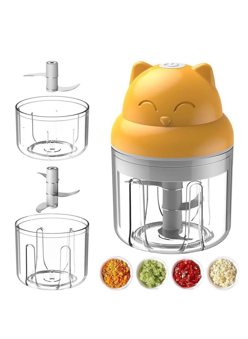 Electric Food Chopper, Mini Garlic Chopper, Portable Vegetable Mincer Meat Blender, USB Charging Food Processor for Puree, Onion, Herb, Veggie, Ginger, Fruit Chopper with 2 Cups (A-Yellow)