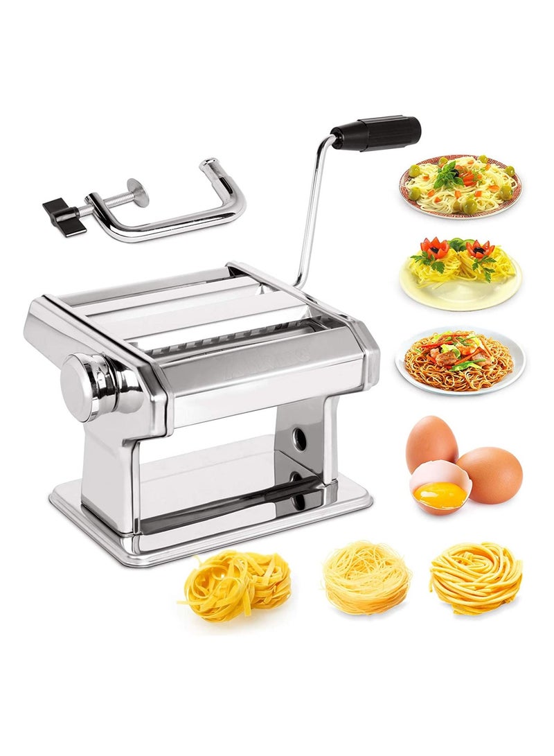 Stainless Steel Pasta Maker Machine 7 Adjustable Thickness Settings Roller 2 Width Blades Dough Cutter For Spaghetti Lasagna Ravioli Skins