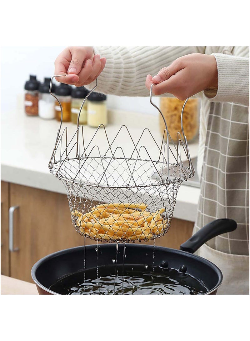 Foldable Steam Rinse Deep Frying Basket, Stainless Stee Fry French Magic Mesh Basket Strainer Net Fried Filter Drainage Rack for Food or Fruits Multifunctional Kitchen Tool