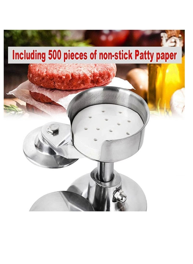 LETWOO 100mm Commercial Hamburger Press Patty Maker Stainless Steel Burger Press Tool Heavy Duty Meat Forming Processor 500 Pcs Patty Papers Sliver