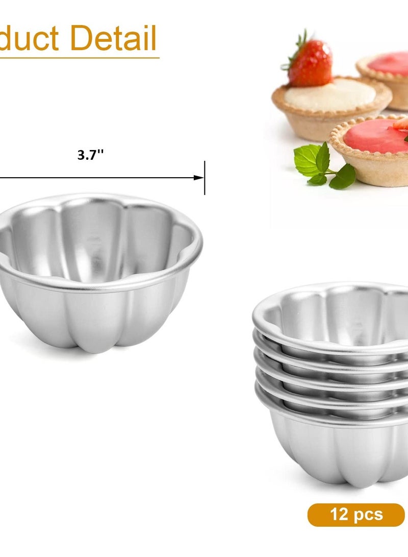 12 Pack Flower Shaped Egg Tart Molds, Aluminum Alloy Pudding and Cake Baking Cups, Reusable Cupcake Muffin Jelly Non-Stick Kitchen Accessories