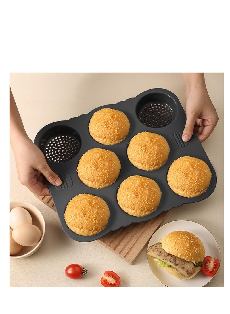Hamburger Bun Pan, 11.7x10.0x1.2 inch Pan Baking Silicone Mold, 8 Cavity Cup Big Non-Stick for Gluten Buns Homemade