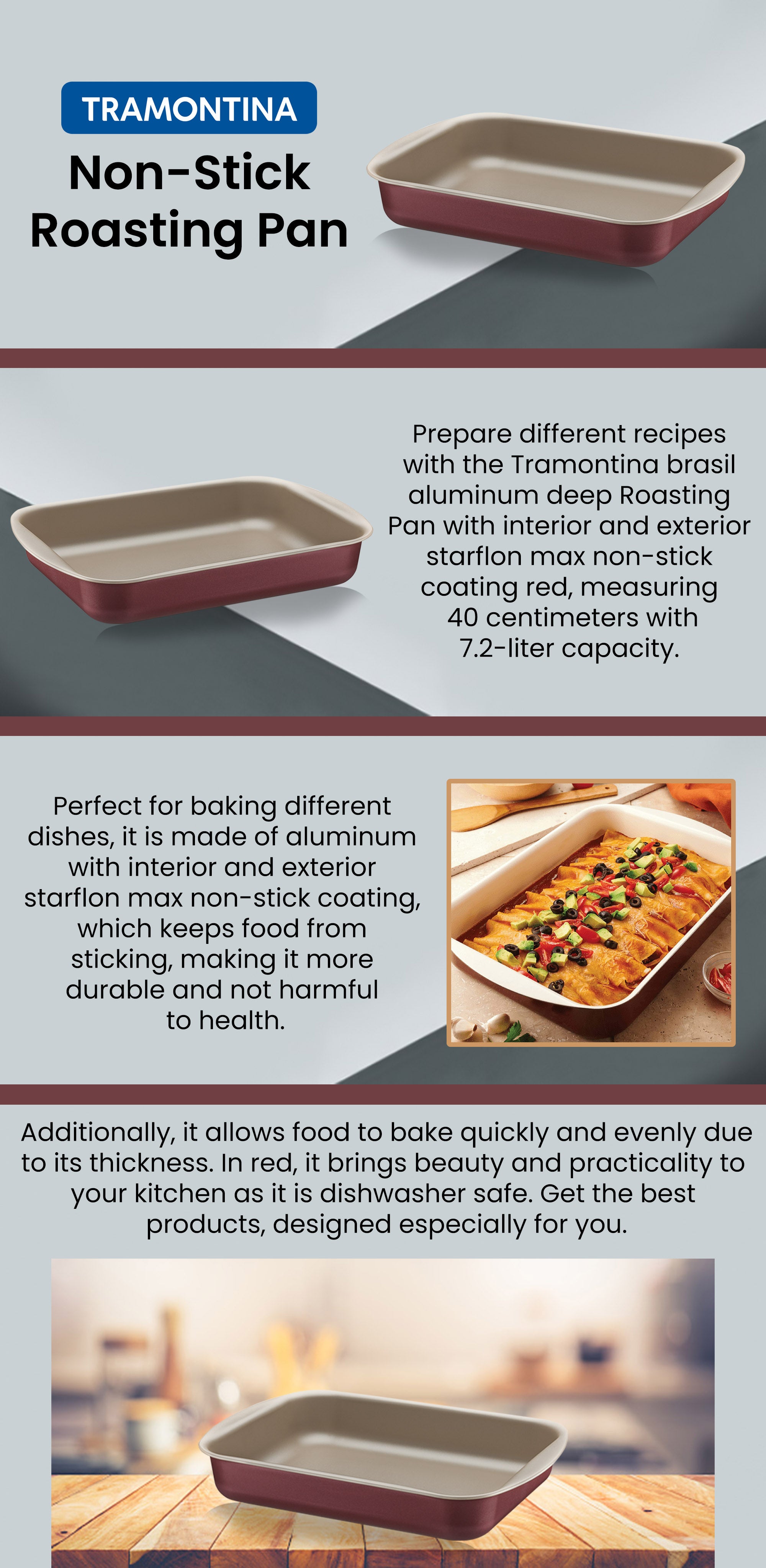 Brasil 40cm 7.2L Red Aluminum Deep Roasting Pan with Interior and Exterior Starflon Max PFOA Free Nonstick Coating Graphite 7.2Liters