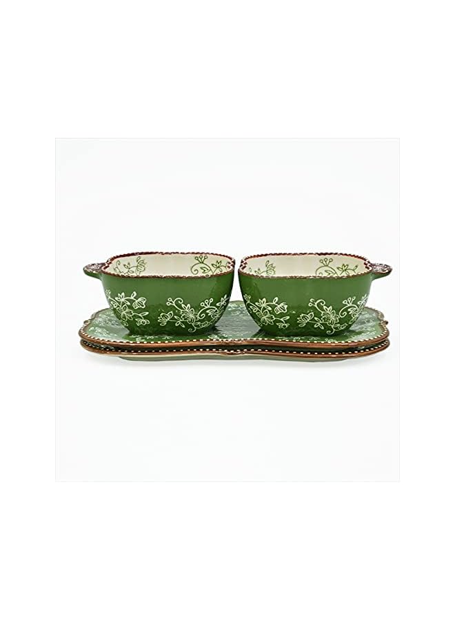 Floral Lace Bakeware Set,Set of 2 Square Soup and Sandwich Set- Green