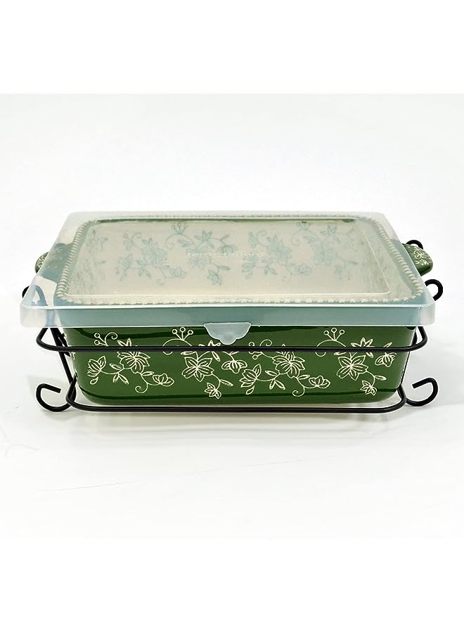 Floral Lace Bakeware Set,Take Baker Square Bakers with Tote Bag-Green