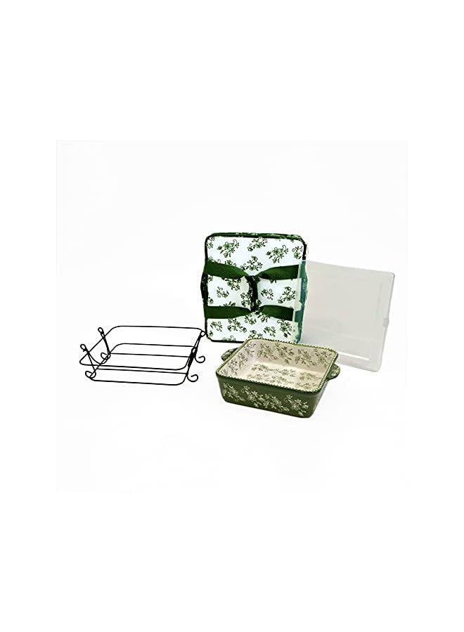 Floral Lace Bakeware Set,Take Baker Square Bakers with Tote Bag-Green