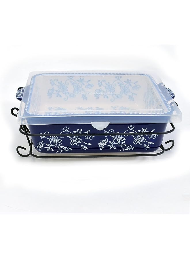 Floral Lace Bakeware Set,Take Baker Square Bakers with Tote Bag-Blue